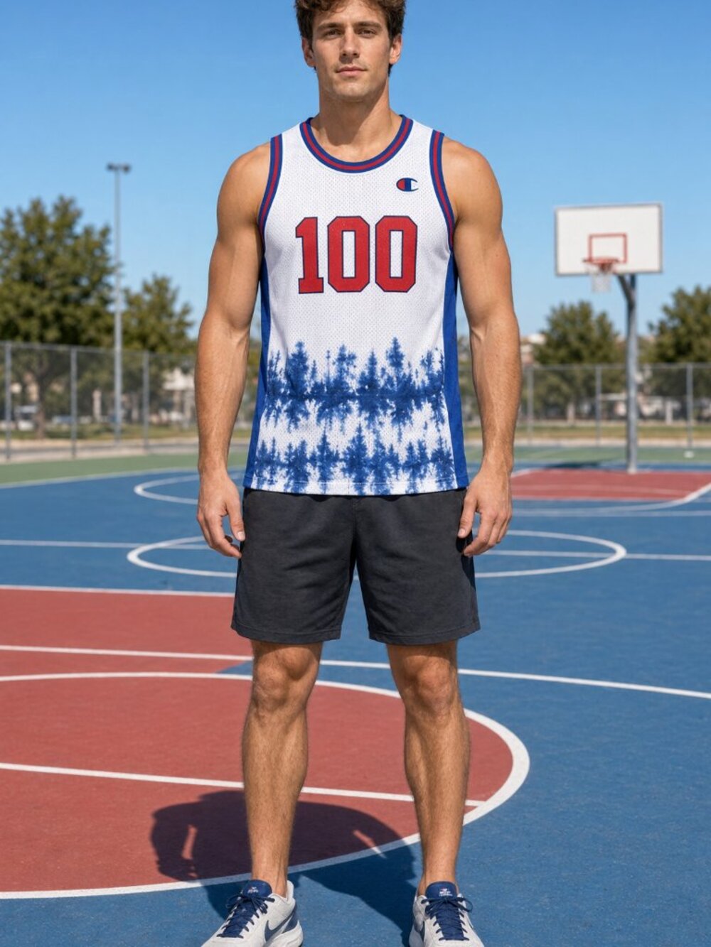 Champion Men White Blue Mesh Basketball Tank Red 100 Colorblock Sports US M